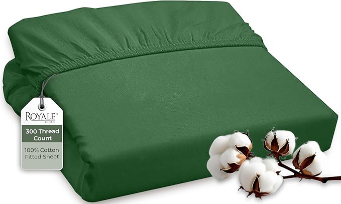 ROYALE LINENS 300 Thread Count 100% Long Staple Combed Cotton Fitted Sheet Full - Super Soft Deep Pocket Bottom Sheet - Fitted Sheets Only - Elastic Sheets (Full, Hunter Green)
