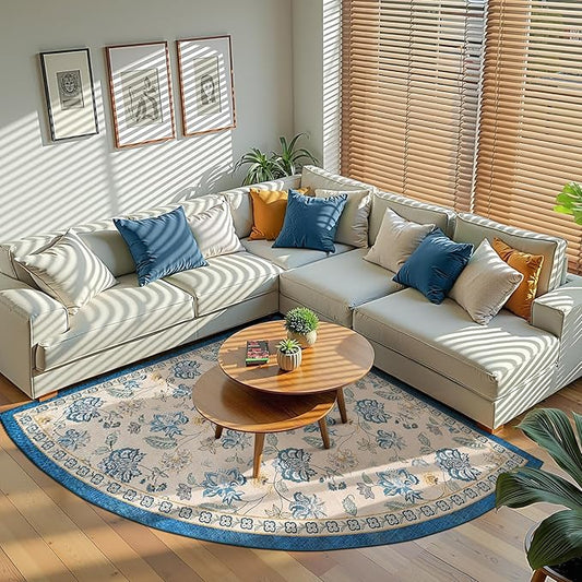 jinchan Elora Floral Corner Rug for Washable Nursery Rug Vintage Romance Design Non Slip Quarter Circle Lightweight Low-Pile Throw Carpet for Playroom Reading Nook Office, 5ft Radius, Blue/Beige