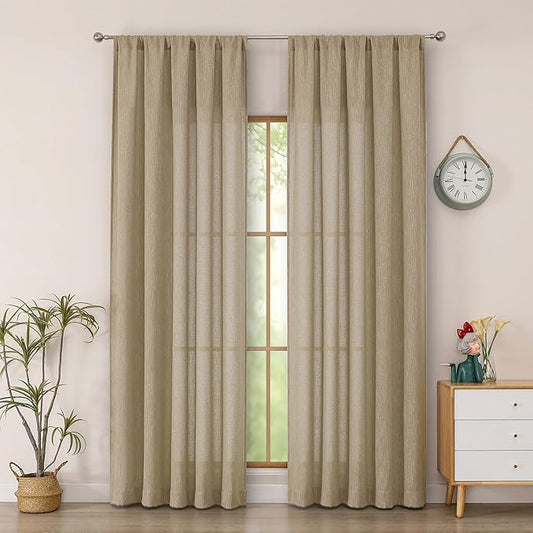 Simplebrand Taupe Semi Sheer Faux Linen Textured Curtains 84 Inches Long 2 Panels, Light Filtering Farmhouse Bedroom Curtains, Farmhouse Rod Pocket Soft Thick Window Drapes for Living Room, 50Wx84L