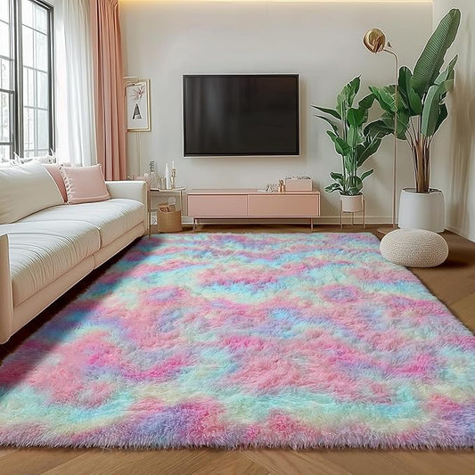ONASAR Rainbow Area Rugs for Living Room Girls Bedroom, 5x8 Fluffy Rug, Washable Indoor Ultra Soft Plush Shaggy Large Floor Carpets for Nursery Kids Baby Girl Teen Dorm Playroom Home Decor Aesthetic