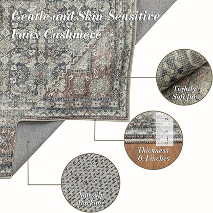 Area Rug 8×10, Large Vintage Boho Rug,Ultra-Soft Low Pile, Washable, Non Slip,Stain Resistant, Printed Carpet for Living Room Bedrooms Playroom Office Kitchen, Rust/Green