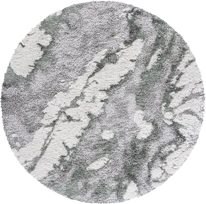 SAFAVIEH Horizon Shag Collection Area Rug - 5' Round, Grey & Green, Modern Abstract Design, Non-Shedding & Easy Care, 2.6-inch Thick Ideal for High Traffic Areas in Living Room, Bedroom (HZN890Y)