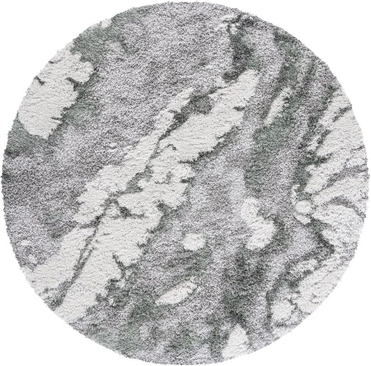SAFAVIEH Horizon Shag Collection Area Rug - 5' Round, Grey & Green, Modern Abstract Design, Non-Shedding & Easy Care, 2.6-inch Thick Ideal for High Traffic Areas in Living Room, Bedroom (HZN890Y)