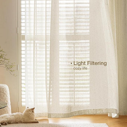 Anmao Flax Linen Curtains for Living Room 96 Inch Length 2 Panels Set, Light Filtering Sheer Window Curtain Drapes for Bedroom with Nickel Grommet, 52 Inch Wide Each Panel, Natural Color
