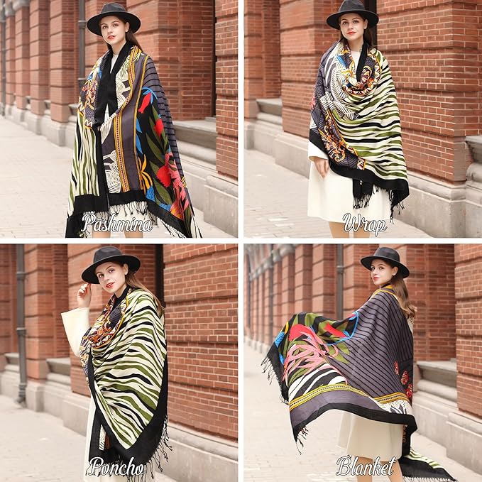 DANA XU 100% Merino Wool Extra Large Pashmina Blanket Travel Scarf Cashmere Wrap for Women Fall Winter Oversize Shawl Floral