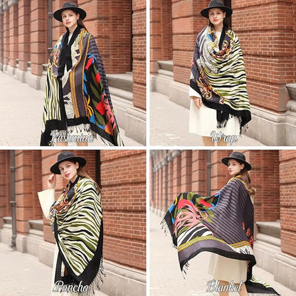 DANA XU 100% Merino Wool Extra Large Pashmina Blanket Travel Scarf Cashmere Wrap for Women Fall Winter Oversize Shawl Floral