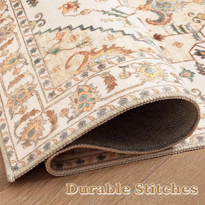 SERISSA Boho Area Rug 5x7 Light Yellow, Washable Large Rugs for Living Room, Ultra Soft Non-Slip Bedroom Rug Print Distressed Vintage Farmhouse Carpet Rug for Dining Room Dorm Office Home Decor