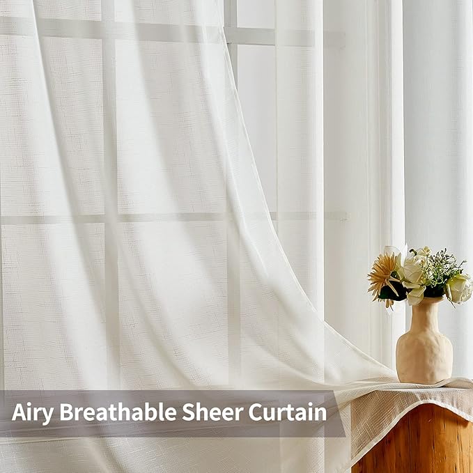 MIULEE 2 Panels Natural Linen Semi Sheer Window Curtains - Elegant Solid Ivory Drapes with Grommet Top - Voile Panels for Bedroom & Living Room (52X96 Inch)