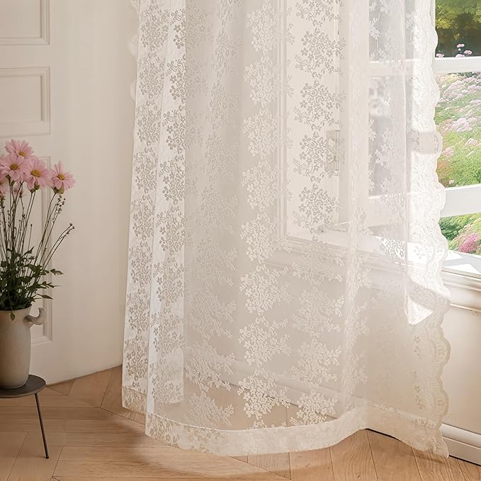 Anmao Vintage Lace Curtains 72 Inches Long 2 Panels Set, Romantic Elegant Light Filtering Semi Sheer Floral Thick Lacy Curtain Drapes for Living Room and Bedroom, Each Panel 55W x 72L, Beige Plum