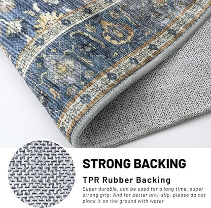 KUTA Vintage Floral 3x5 Entryway Rug, Area Rugs for Living Room Blue Grey Beige Washable Kitchen Carpet Non-Slip, Ultra Thin Soft Printed Distressed Oriental Entry Low-Pile Throw for Dining Room Dorm