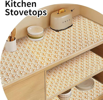 Drawer and Shelf Liner for Kitchen Cabinet: 17 in X 20 Ft Waterproof Shelf Paper Non Adhesive Refrigerator Liners Golden Ginkgo Leaf Easy Liners for Bathroom with Knife Tape Measure