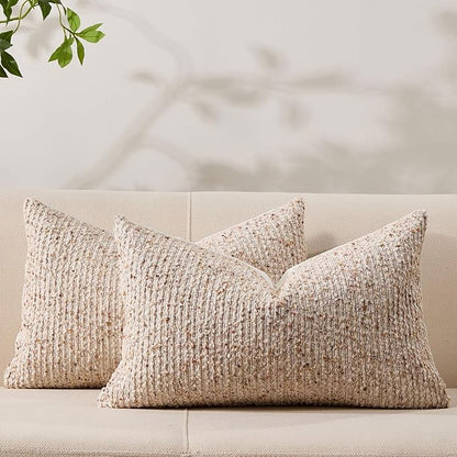 Decorative Couch Throw Pillow Covers 12x20 Set of 2 Beige Striped Soft Wool Pillow Covers Neutral Textured Boho Cushion Covers for Modern Farmhouse Sofa Bedroom Living Room Decor SY012-A12