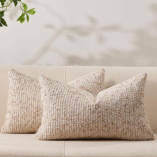 Decorative Couch Throw Pillow Covers 12x20 Set of 2 Beige Striped Soft Wool Pillow Covers Neutral Textured Boho Cushion Covers for Modern Farmhouse Sofa Bedroom Living Room Decor SY012-A12