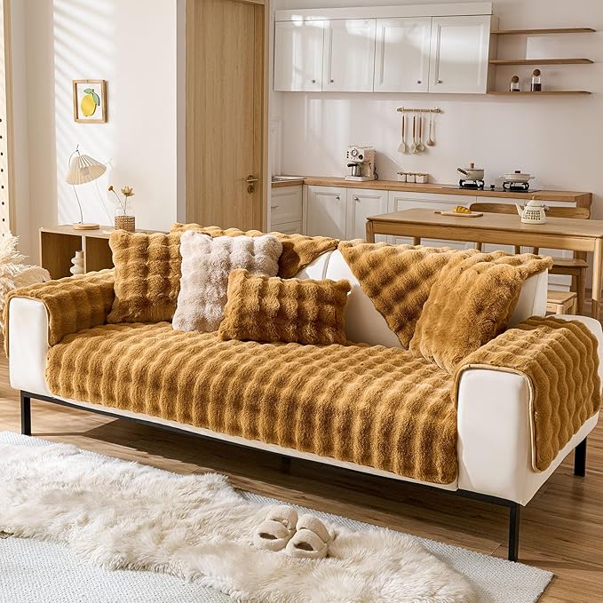 Faux Fur Armrest Cover Backrest Cover Fuzzy Plush Thick Bubble Sofa Cover Luxury Soft Cozy Couch Cover Anti-Slip Sofa Slipcover Washable Furniture Protector (Brown Yellow,28"x28")