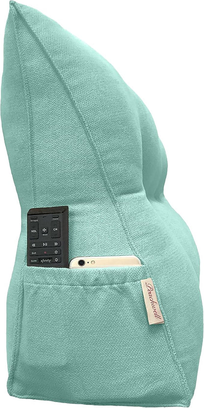 Triangular Reading Bed Rest Pillow Large Bolster Cushion Headboard Backrest Wedge Pillow with Removable Cover and Two Large Side Pockets (Turquoise, Twin: 39 x 8 x 20 inches)