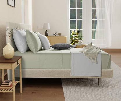 King Bed Sheets Deep Pocket King Sheet Set, 300 Thread Count Long Staple Fully Elasticated Organic Cotton Sheet & Pillowcase sets, Machine Wash No Pill Naturally Breathable Cotton Bedding- Sage