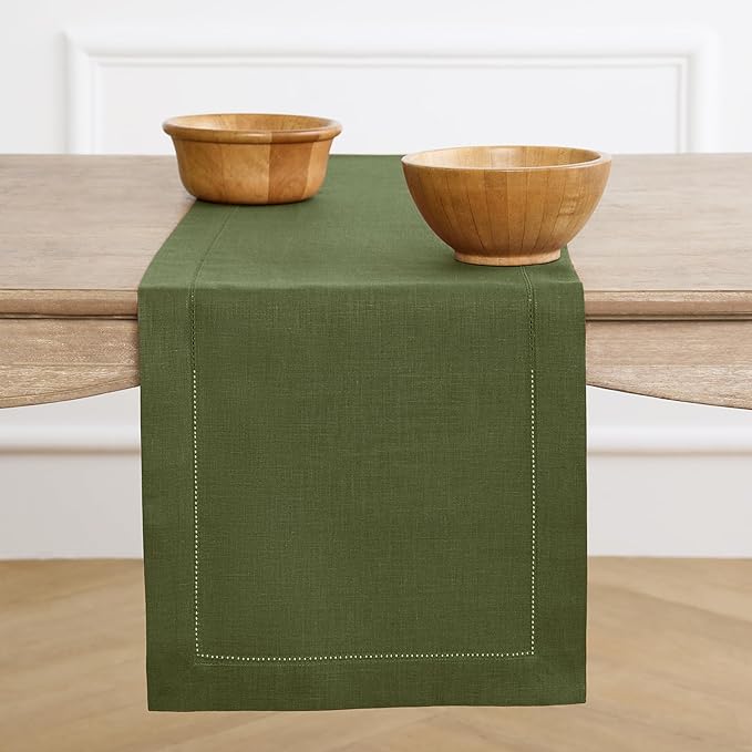 Solino Home Linen Olive Table Runner 144 Inches Long - 100% Pure Linen Extra Long Table Runner 14 x 144 Inch for Christmas, New Year - Classic Hemstitch