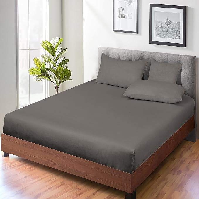 ROYALE LINENS 300 Thread Count 100% Long Staple Combed Cotton Fitted Sheet Full - Super Soft Deep Pocket Bottom Sheet - Fitted Sheets Only - Elastic Sheets (Full, Grey)