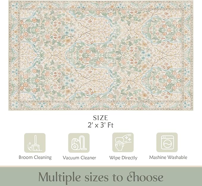 MUJOO 2x3 Washable Rug,Floral Small Area Rugs for Bathroom Entryway Entry Bedroom Bedside,Boho Front Door Mat Indoor Entrance Throw Carpet Neutral Vintage Non Slip Ultra-Thin Light Green and Beige