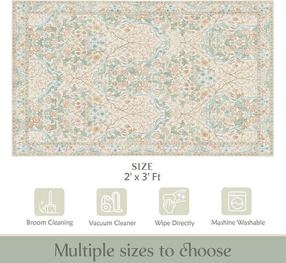 MUJOO 2x3 Washable Rug,Floral Small Area Rugs for Bathroom Entryway Entry Bedroom Bedside,Boho Front Door Mat Indoor Entrance Throw Carpet Neutral Vintage Non Slip Ultra-Thin Light Green and Beige