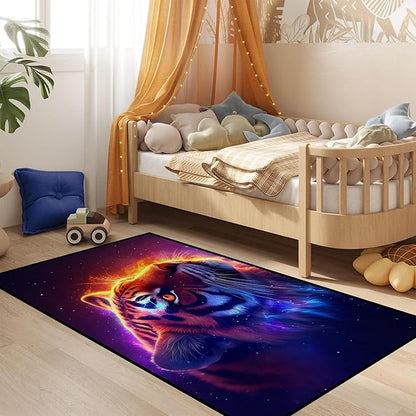Galaxy Tiger Rug 3D Fierce Tigers Area Rugs for Bedroom Living Room Playroom Gameroom Boys Kids Fire Glitter Carpet Throw Rugs Floor Mat 59 in x 39 in