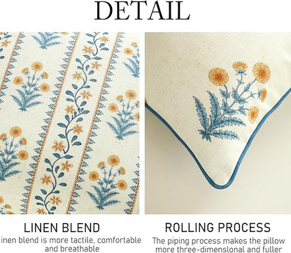 ISAENNE Design Square Simple Elegant Linen Throw Pillow Covers 18"x18" Pack of 2, Blue Yellow Floral Pattern Cushion Covers Decor Pillowcases for Bed,Living Room,Outdoor,Car