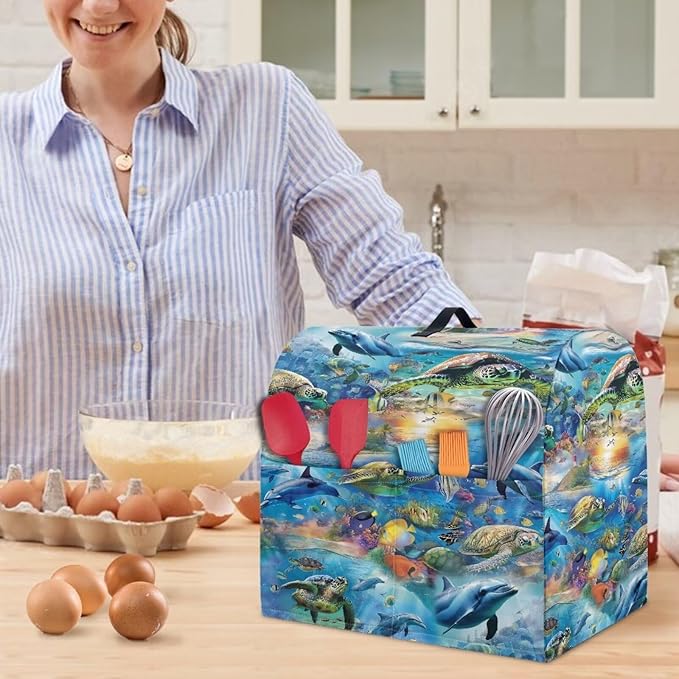 Ocean Dolphin Turtle Print Mixer Cover Stand Mixer Dust Proof Covers with Handle and Front Pockets Kitchen Aid Mixer Cover for 4.5-5 Qt Mixer,Kitchen Coffee Maker Toaster Machine Dust Cover