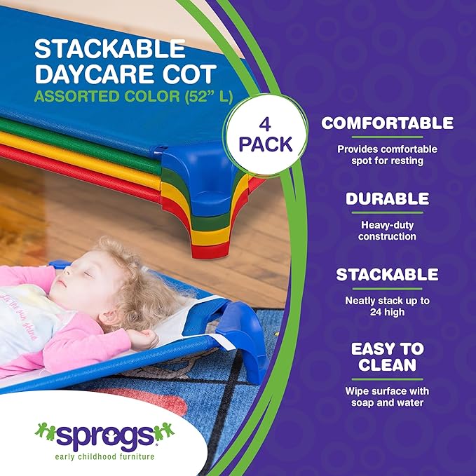 Sprogs Heavy-Duty Stackable Standard Size 52"L Daycare Cots for Kids and Toddlers, Stacking Preschool Classroom Kids Cots for Sleeping, Resting, Naptime, Pack of 4, Assorted Color