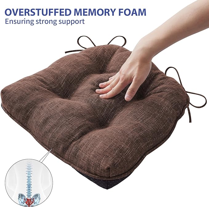 Chair Cushions for Dining Chairs Set of 6, Kitchen Chair Cushions, Chair Pads with Ties and Non Slip Backing, Tufted Memory Foam Seat Cushion 6 Pack, 15.5" x 15.5" x 4", Brown