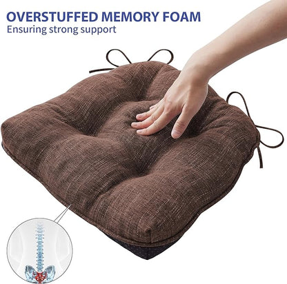 Chair Cushions for Dining Chairs Set of 6, Kitchen Chair Cushions, Chair Pads with Ties and Non Slip Backing, Tufted Memory Foam Seat Cushion 6 Pack, 15.5" x 15.5" x 4", Brown