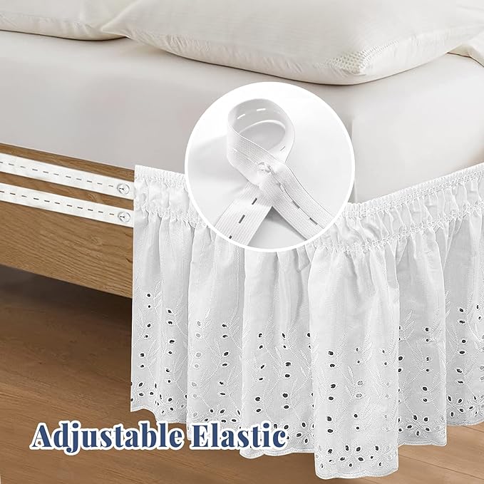Queen Bed Skirt, Wrap-Around Elastic Ruffled Eyelet Bed Skirt Queen Size Dust Ruffle with Gathered Styling and Embroidered Details, 14" Drop Length (White)