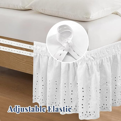 Queen Bed Skirt, Wrap-Around Elastic Ruffled Eyelet Bed Skirt Queen Size Dust Ruffle with Gathered Styling and Embroidered Details, 18" Drop Length (White)