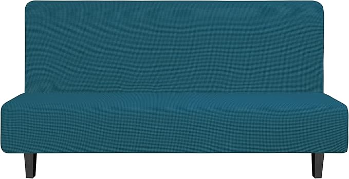 Easy-Going Stretch Futon Slipcover Armless Futon Bed Cover Furniture Protector Without Armrests with Elastic Bottom for Kids, Soft Jacquard Fabric Small Checks (Large, Peacock Blue)