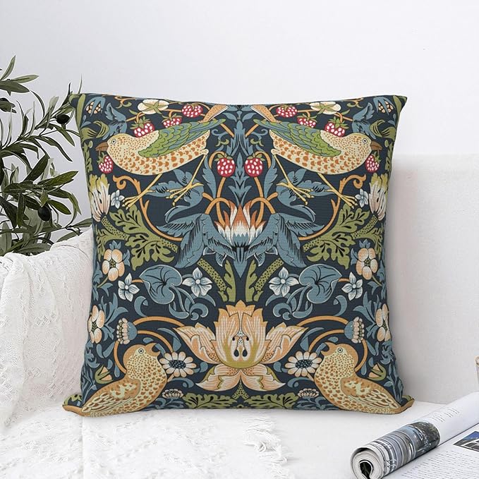 William Morris Vintage Floral Bird Strawberry Thief 16x16 inches Pillow Cover, Outdoor Farmhouse Pillow Cover Home Decor for Couch Sofa
