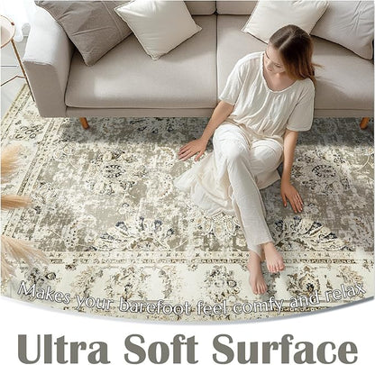 jinchan Fiora Hallway Runner Rug 3x10 Washable Runner - Vintage Floral Non Slip Low-Pile Soft Thin Faux Wool Kitchen Rug Distressed Carpet for Farmhouse Bedroom Laundry Room(3x10ft, Taupe)