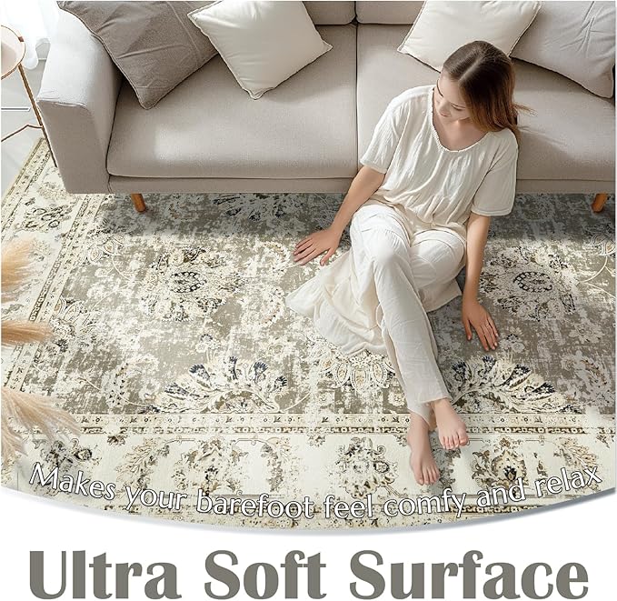 jinchan Fiora Washable Area Rug 3x5 Entryway Rug - Distressed Vintage Floral Ultra-Thin Low-Pile Soft Non-Shedding Indoor Floor Carpet for Kitchen Bedroom Entrance Laundry Living Room(3x5ft, Taupe)