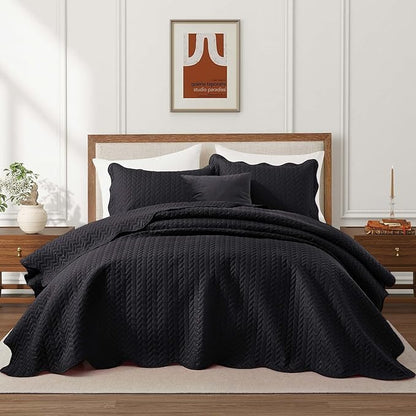 IR Imperial Rooms Twin Quilt Bedding Set Size (68” x 86”) + 1 Pillow Shams (20” x 26” + 2”) - 2 Pcs All Season Lightweight Reversible Microfiber Coverlet Embossed Quilt Bedspread (Black)