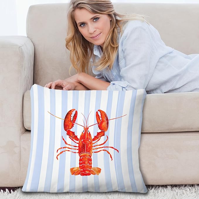 Coastal Lobster Pillow Covers, New England Nautical Red Lobster Blue White Stripes Throw Pillow Covers for Beach House Summer Home, Preppy Beach Room Decor, Easter Coast Seafood Decor