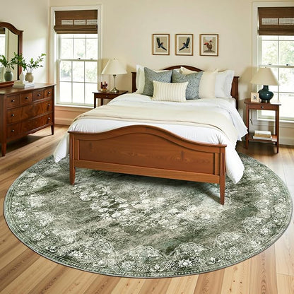 jinchan Round Rug 7ft Area Rug - Green Vintage Floor Mat Kitchen Indoor - Washable Circle 7' Thin Floral Print Christmas Carpet Retro Farmhouse Non Slip Dining Room Living Room Bedroom Office