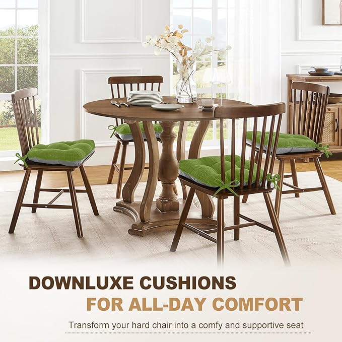 downluxe Indoor Chair Cushions for Dining Chairs, Tufted Overstuffed Textured Foam Kitchen Chair Pads with Ties and Non-Slip Backing, 15.5" x 15.5" x 4", Grass Green, 4 Pack