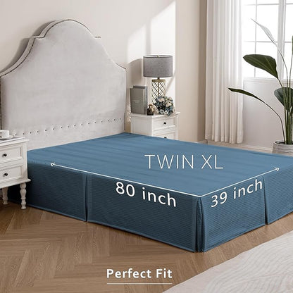 MIYE Pleated Waffle Weave Bed Skirt, Tailored Dust Ruffle 22 Inch Drop Easy Fit, Machine Washable (Blue, TwinXL - 22" Drop)