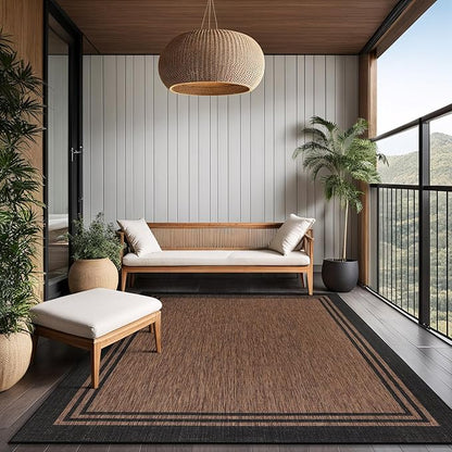 Bordered Outdoor Rug 8x10 Washable Outside Carpet for Indoor Patio Porch Waterproof Easy Cleaning Non Shedding Area Rugs Nut Brown 8 x 10