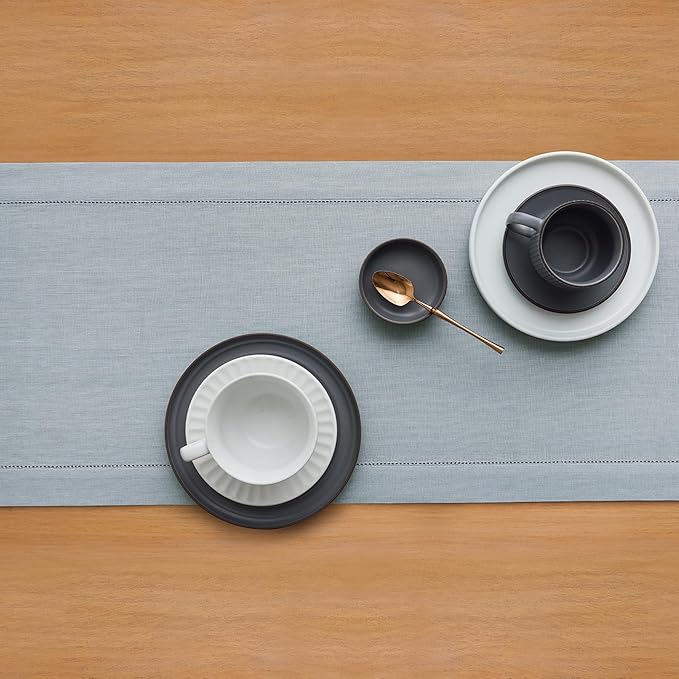 Solino Home Linen Dusty Blue Table Runner 36 Inches - Classic Hemstitch, 100% Pure Linen Coffee Table Runner 14 x 36 Inch Ideal for Dresser Tables