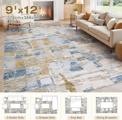 Abstract Living Room Rug 9x12 - Modern Washable Soft Thin Area Rug for Living Room Bedroom Under Dining Table - Neutral Indoor Floor Rug Carpets for Home Office Playroom Nursery - Blue Gold