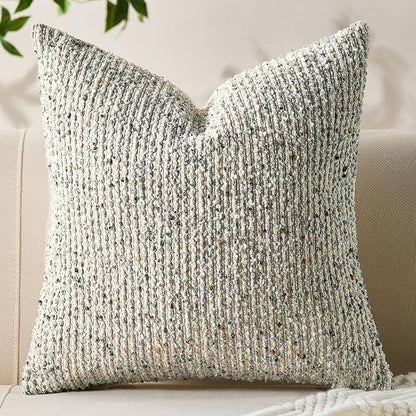 Decorative Couch Throw Pillow Covers 18x18 Cream Gray Striped Soft Wool Pillow Covers Neutral Textured Boho Cushion Covers for Modern Farmhouse Sofa Bedroom Living Room Decor SY011-B18