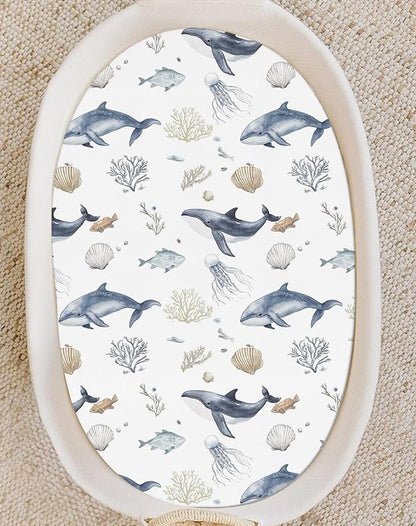 Bassinet Sheets for Baby Girls Boys 2 Pack, Fitted Baby Mattress Sheet for Rectangle, Oval, Hourglass Bassinet Mattress, Breathable Cozy & Universal Fit (Aquatic Adventures)