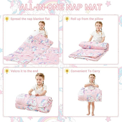 Toddler Nap Mat with Pillow and Blanket, Extra Large Rolled Napping Mats,Slumber Bags for Boys Girls,Kids Sleeping Bag for Daycare, Preschool Travel Camping