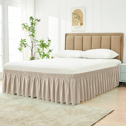Biscaynebay Wrap Around Bed Skirts for King & Cal King Beds with Short Drop of 12", Light Camel Elastic Dust Ruffles Easy Fit Wrinkle & Fade Resistant Silky Luxurious Fabric Solid Machine Washable