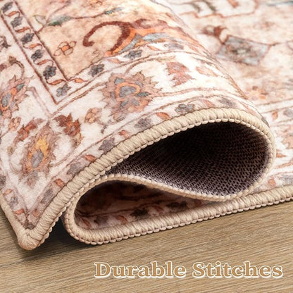 SERISSA Boho 8x10 Area Rugs Peach Cream, Washable Vintage Large Living Room Rug Non-Slip, Ultra Soft Oriental Print Distressed Farmhouse Carpet for Dining Room Bedroom Dorm Office Home Decor