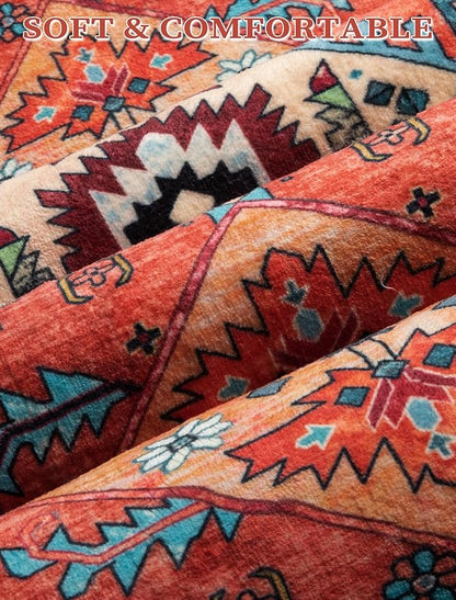 SERISSA Runner Rug for Hallways, 2'6"x12' Washable Non Slip Kitchen Runner Rug, Extra Long Boho Rug Ultra Soft Vintage Orange Print Floor Carpet for Bedroom Hallway Entryway Bathroom Laundry Room